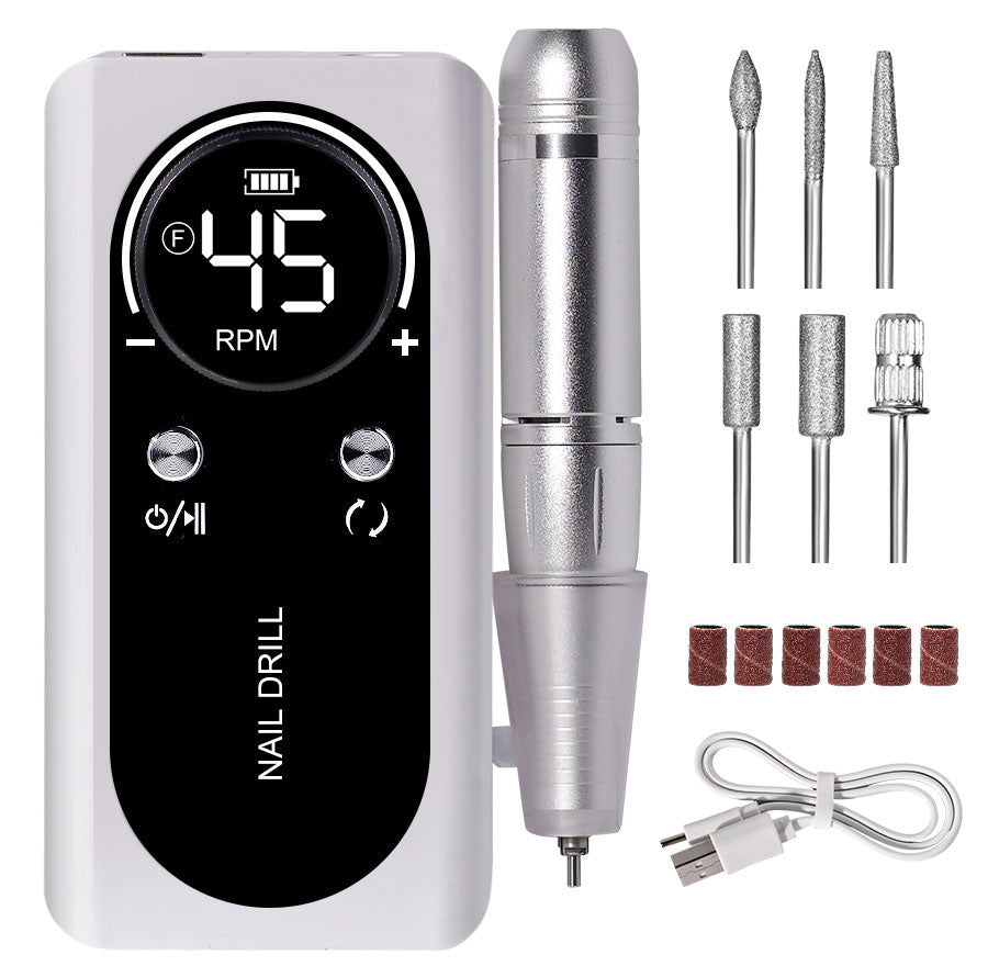 Portable rechargeable nail drill showing USB charging port and back clip