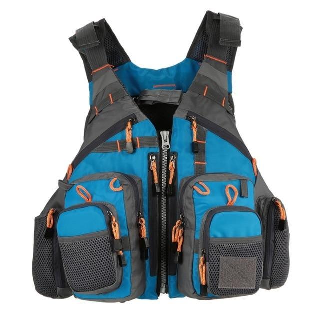 Professional blue fishing life vest with multiple storage pockets