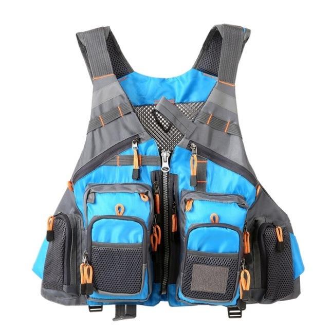 Complete safety buoyancy aid for fishing trips hanging on display