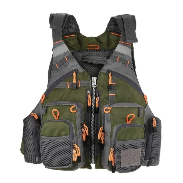 Green fishing life vest featuring safety reflectors and mesh compartments