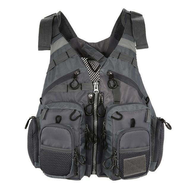 Grey fishing life vest designed for maximum mobility and comfort