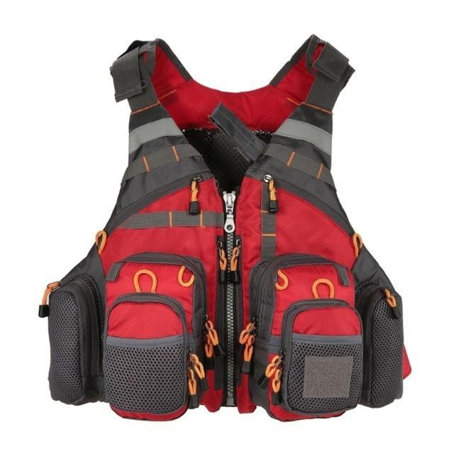 Professional fishing life vest showing front zippered pockets and tackle storage