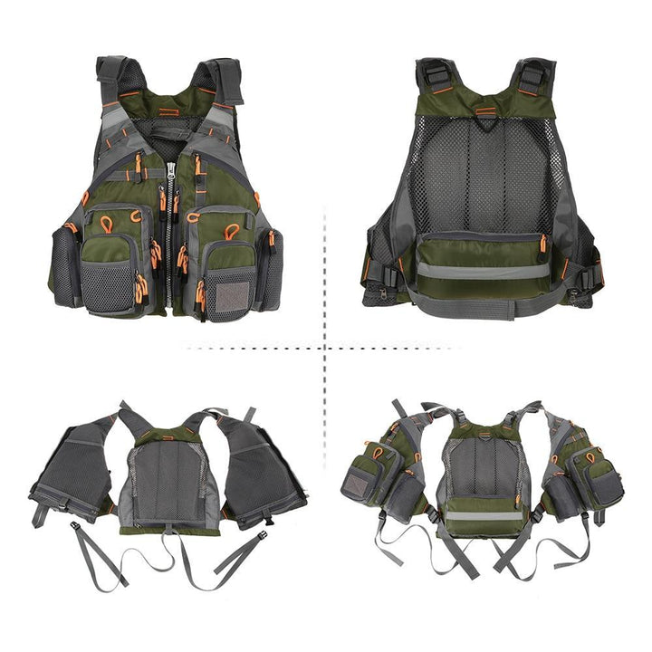 Angler vest water safety gear closeup of heavy-duty quick-release buckles