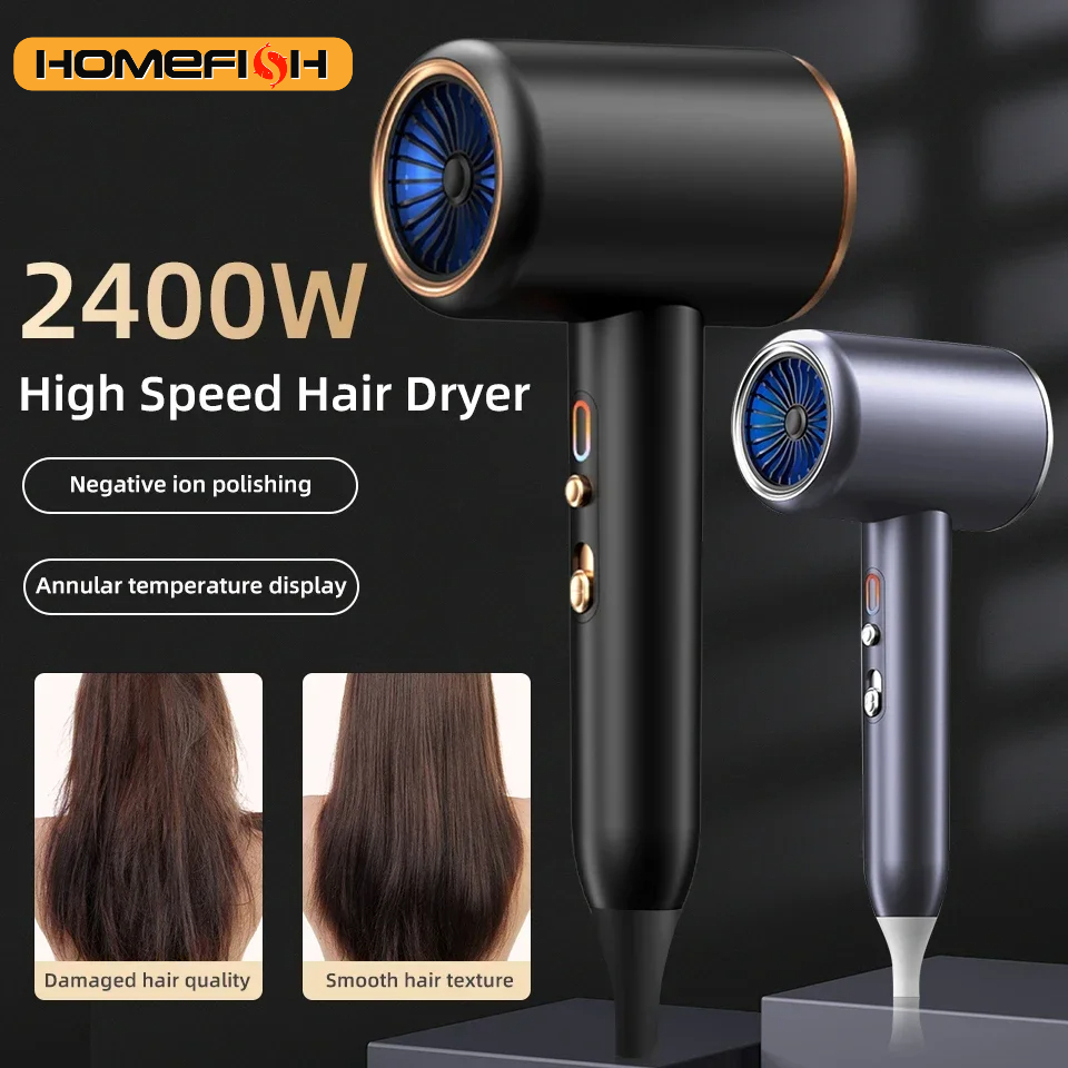 Black high speed hairdryer showing negative ion polishing and temperature display features