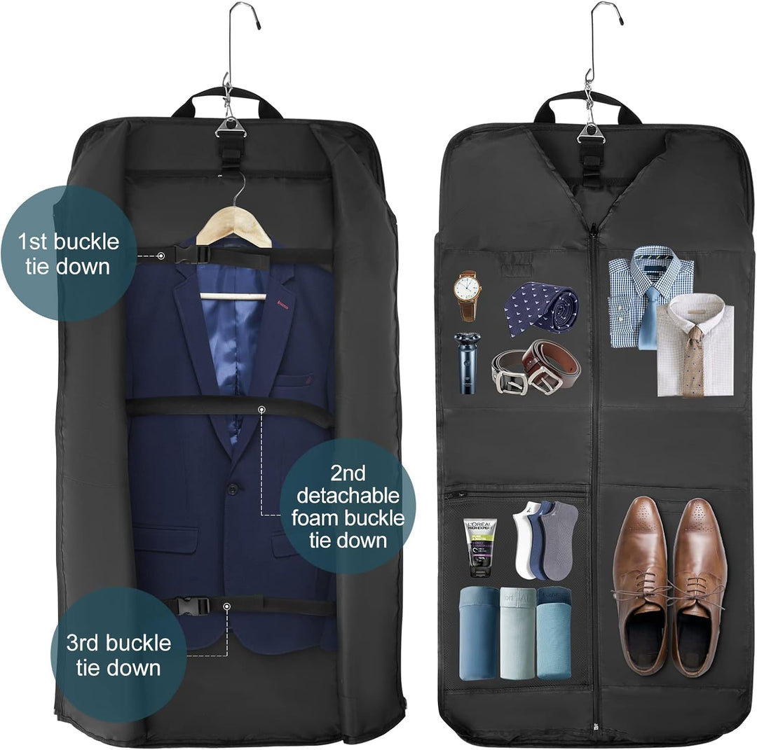 Open garment bag interior showing suit hanging and shoe storage compartments