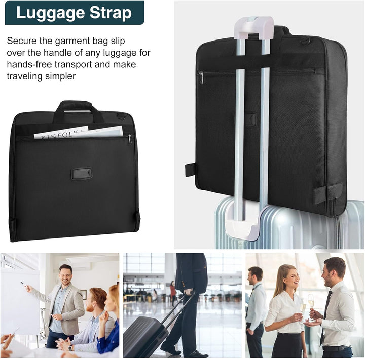 Garment bag mounted on luggage trolley handle with business travelers