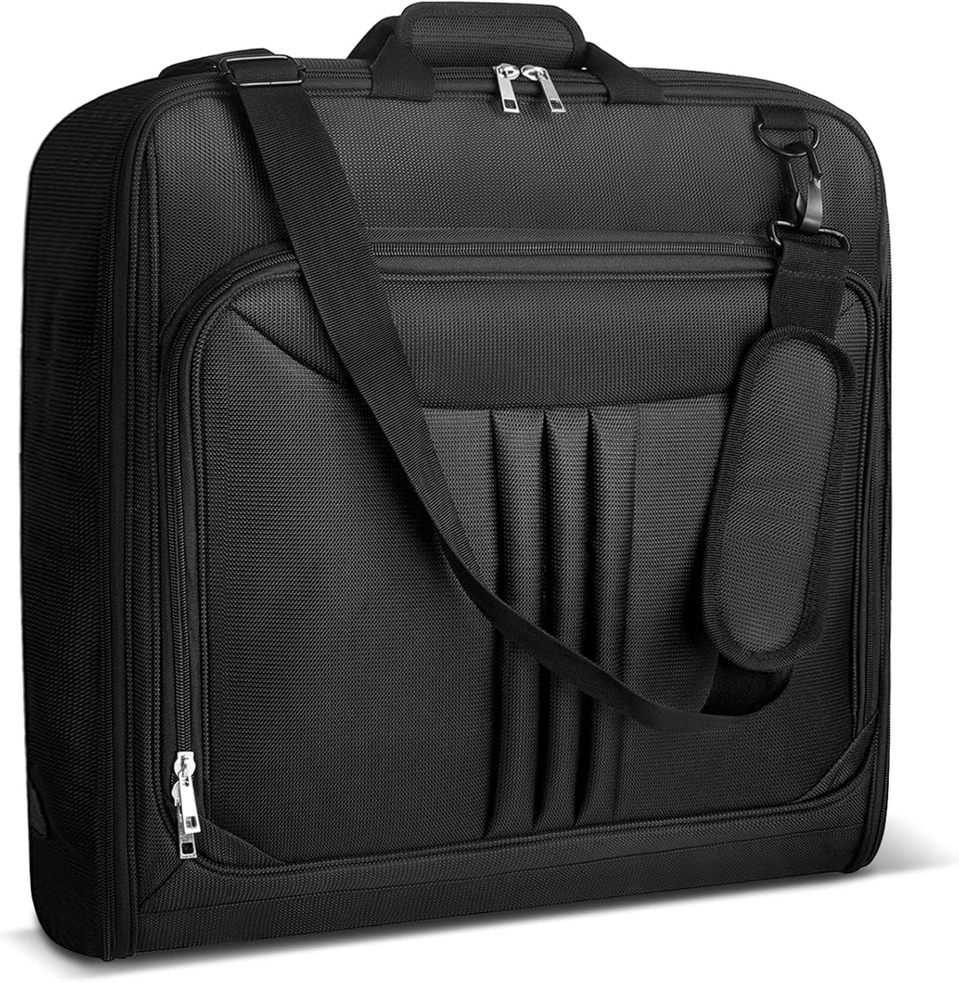 Black foldable travel garment bag exterior view with shoulder strap