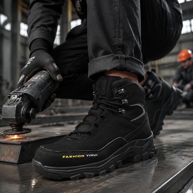 Pair of heavy-duty industrial boots displayed on white background for men