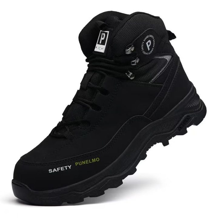All-black protective work boot with reinforced toe area