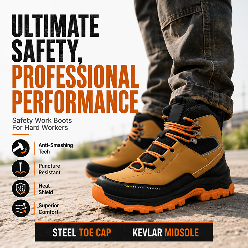 Close-up of industrial work shoes toe cap highlighting steel toe alternative protection