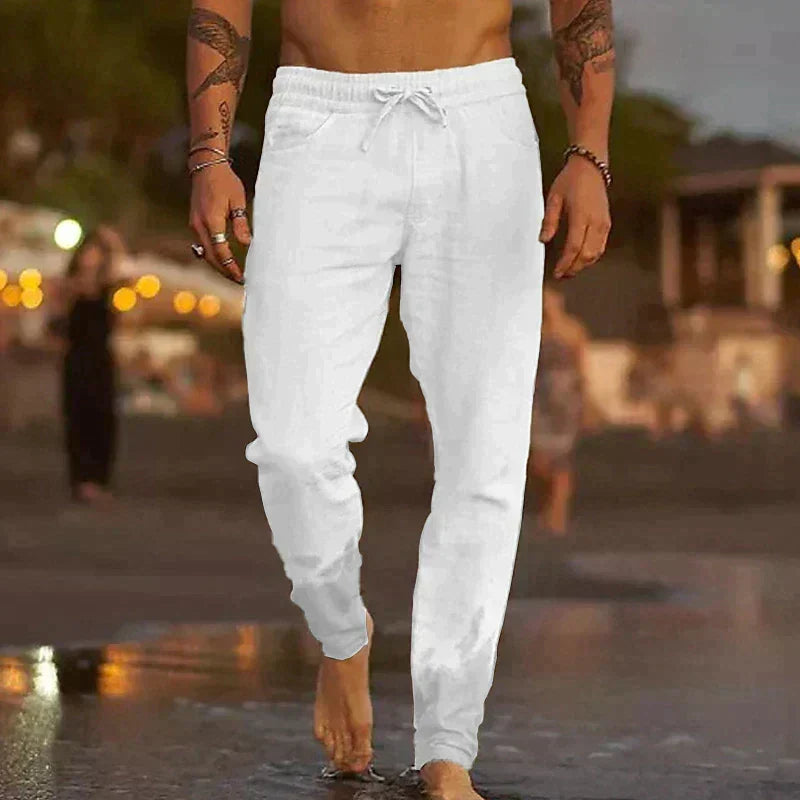 Close-up view of lightweight fabric and stitching on men's casual pants