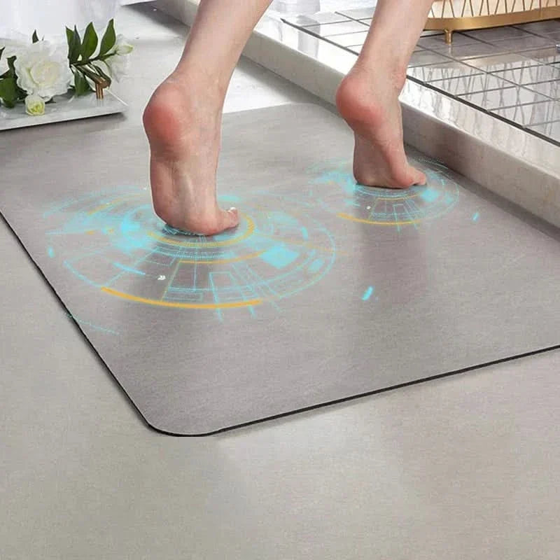 Absorbent stone bath mat and home decor accessory in a modern rectangular design