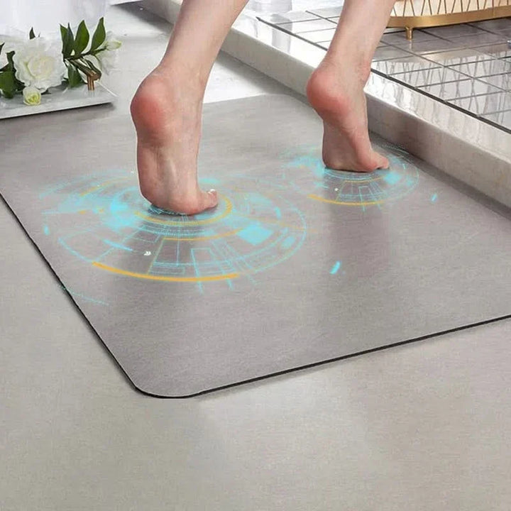 Absorbent stone bath mat and home decor accessory in a modern rectangular design