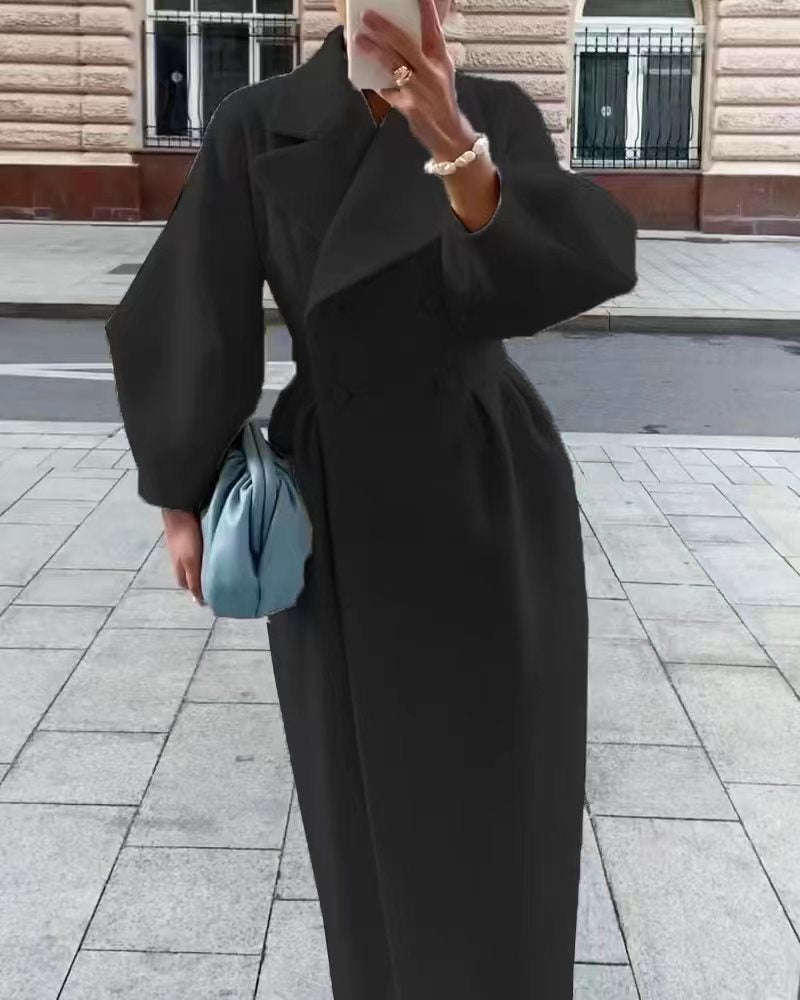 Women's double breasted long coat in classic winter outerwear style