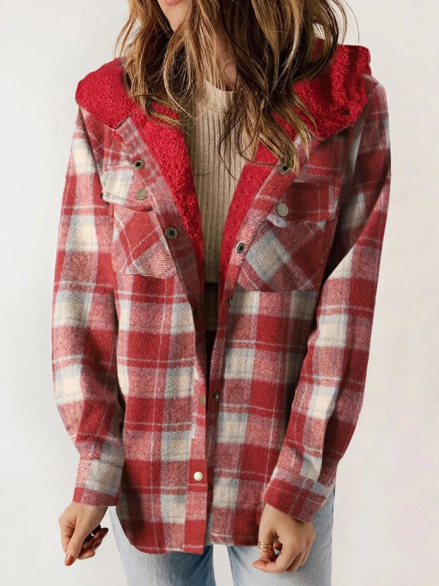 Flat lay of the women's hooded plaid jacket styled for fall fashion