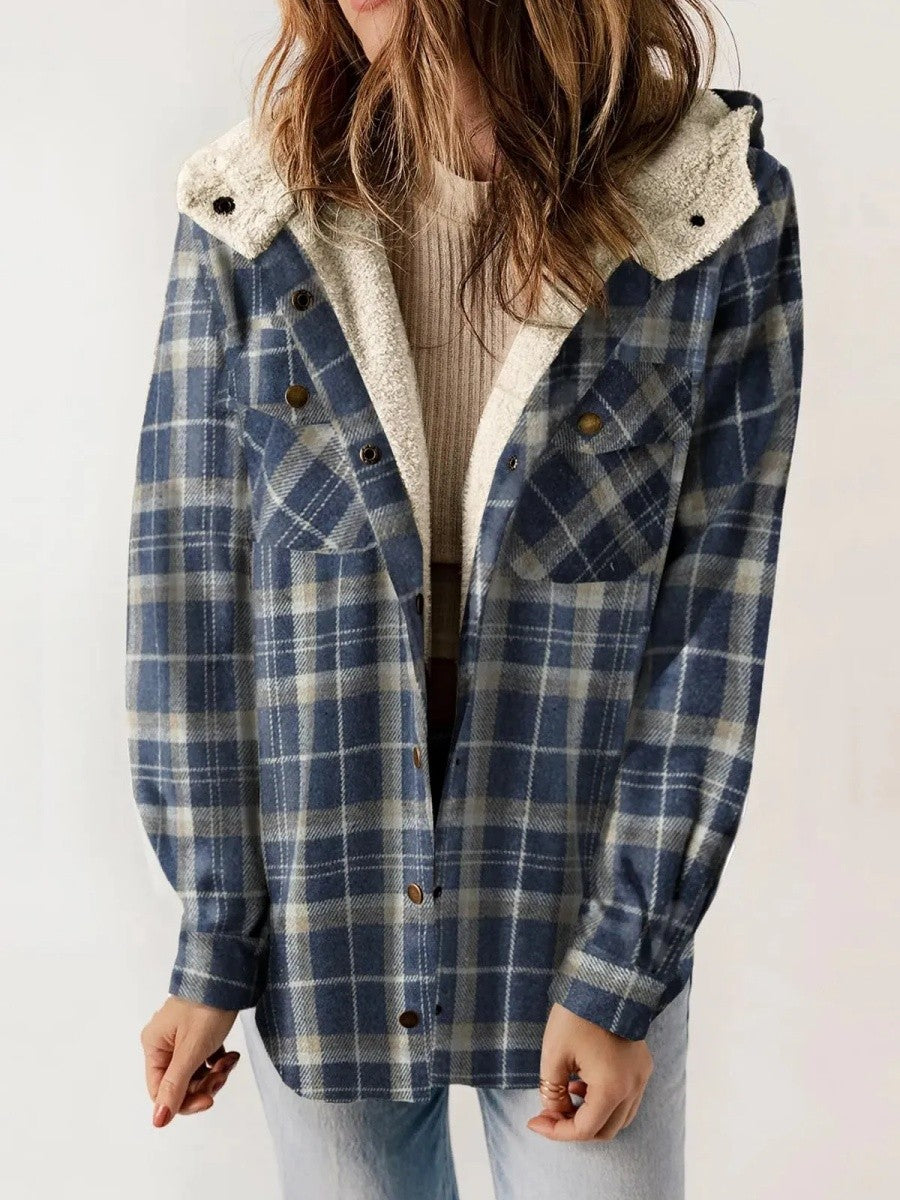 Back view of a women's hooded plaid jacket showing the casual outerwear fit