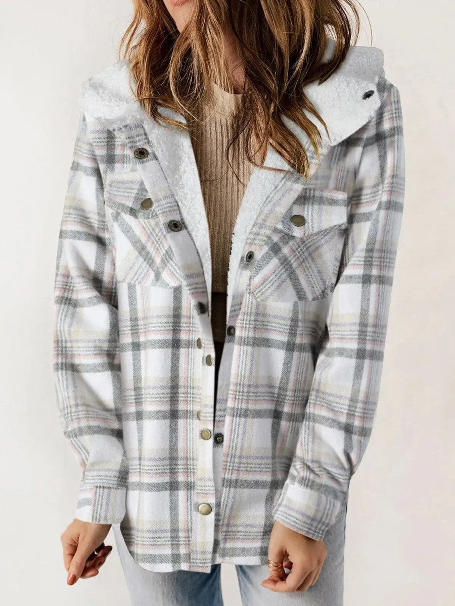 Close-up fabric detail of the soft pattern on the women's fall plaid jacket