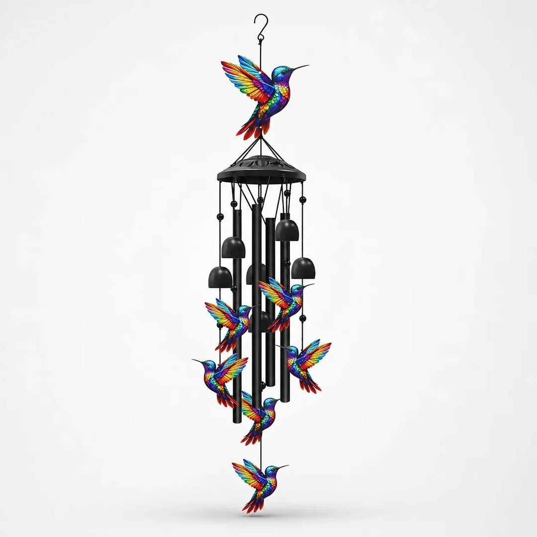 Hanging hummingbird wind chime with colorful painted accents and aluminum tubes