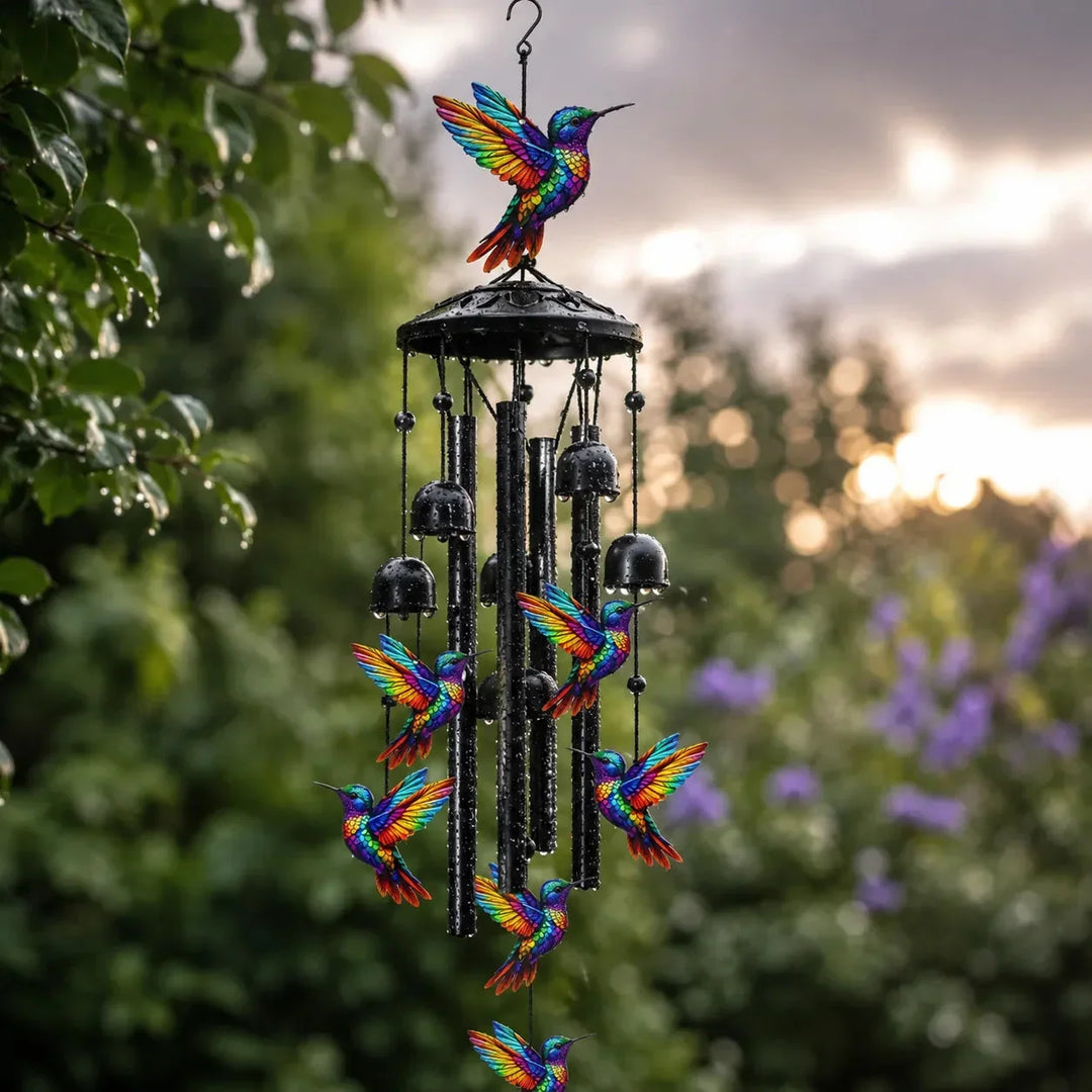 Colorful animal garden wind chime displayed against an outdoor backdrop