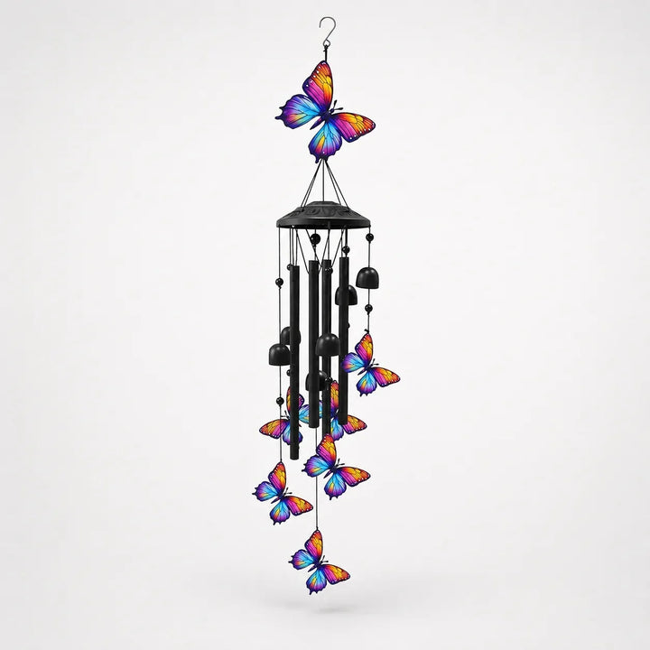 Hanging butterfly wind chime featuring vibrant rainbow-colored butterfly figurines