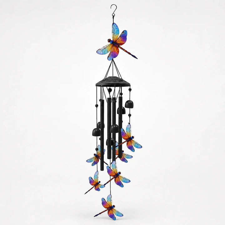 Hanging metal garden wind chime with vibrant hummingbird and butterfly motifs