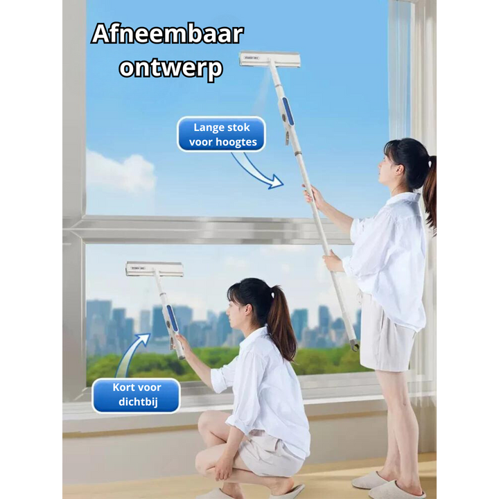 Window squeegee with spray bottle spraying cleaning solution on glass