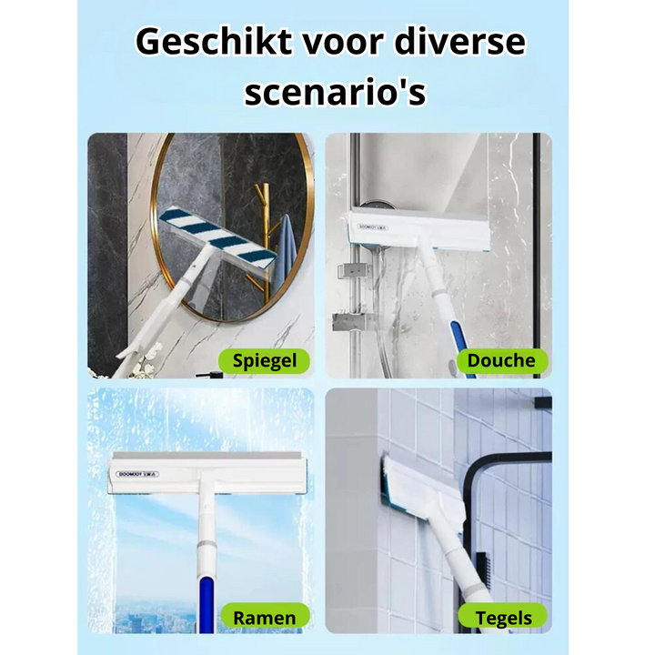 Window squeegee being used on various household surfaces like mirrors and showers