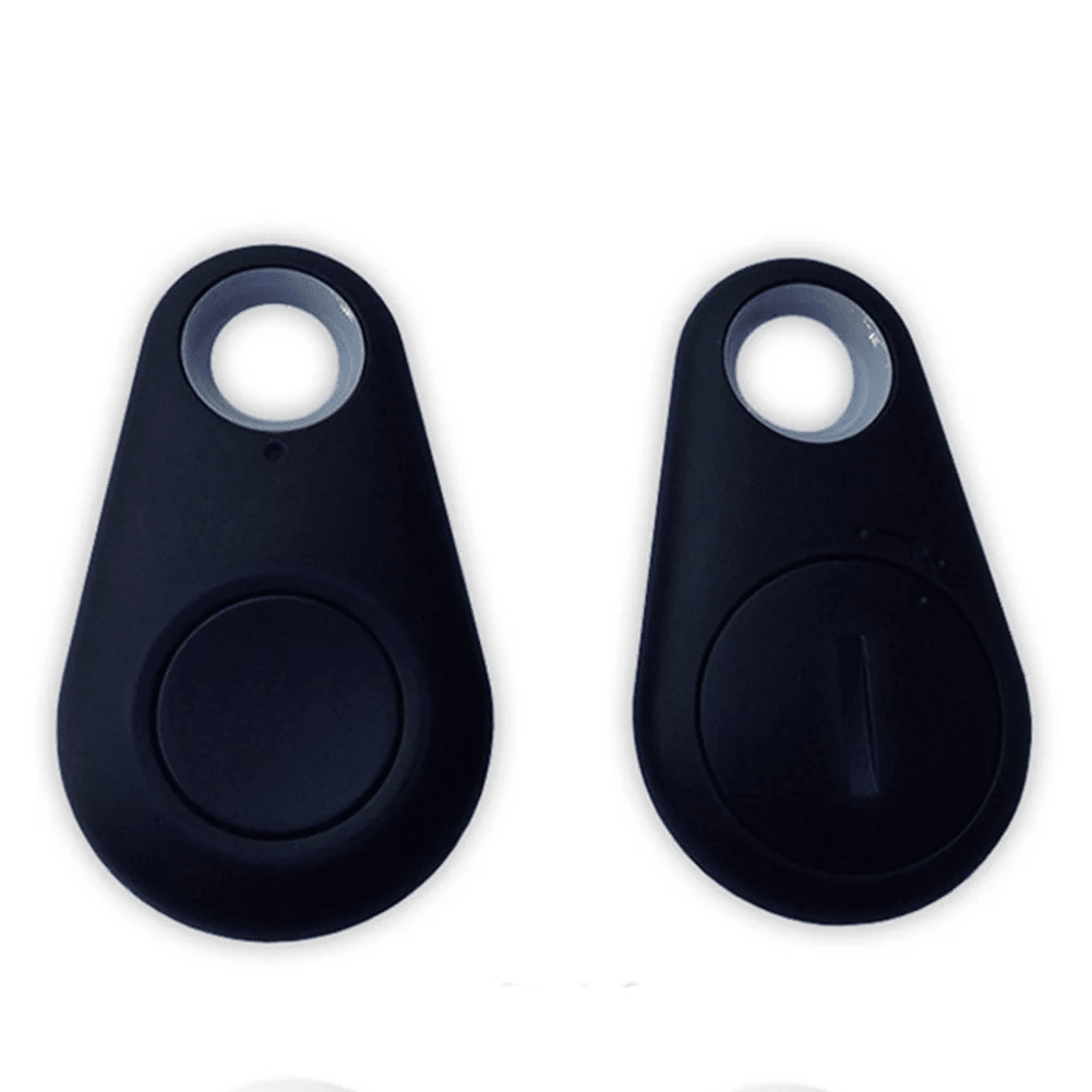 Two black real-time GPS trackers shown from front and back angles