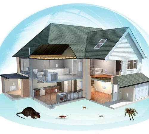 Cutaway 3D house illustration showing ultrasonic pest repellers installed across multiple rooms