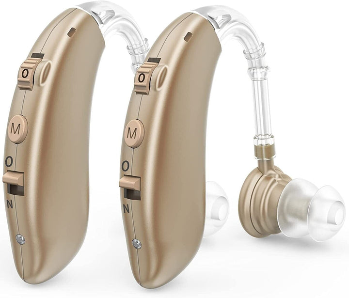 Close-up view of behind the ear hearing aids showing control buttons