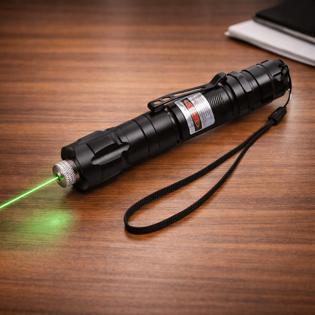 Rechargeable green laser pointer showing bright beam on wooden desk