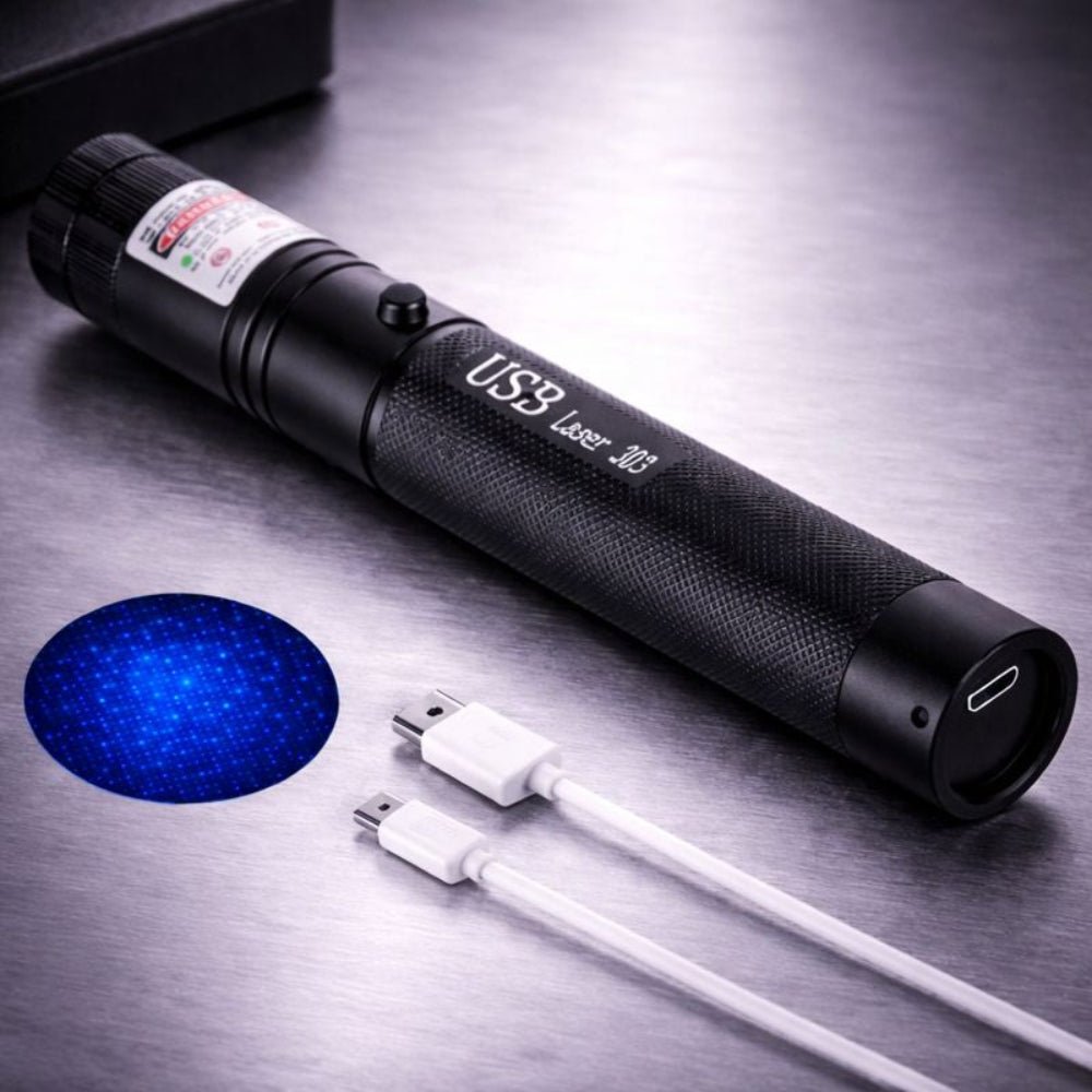 Outdoor tool laser pointer casting a bright beam across a night sky.