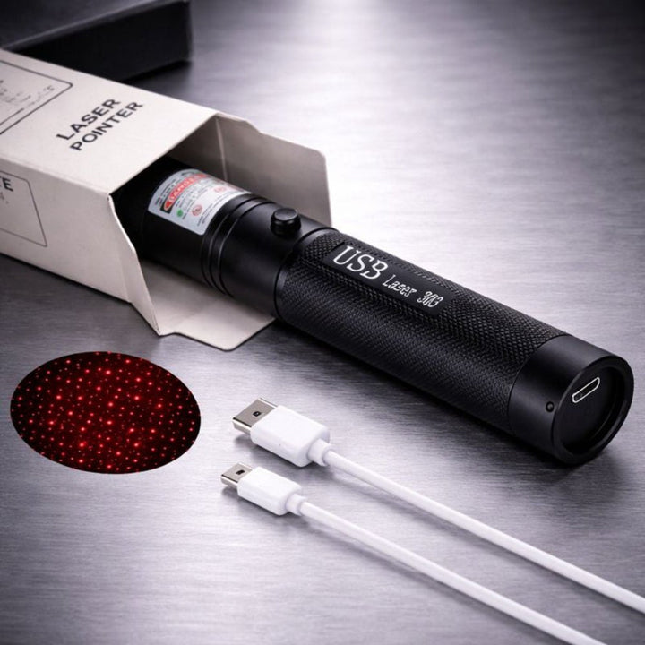 Long-range laser pointer highlighting the safety lock feature for secure storage.