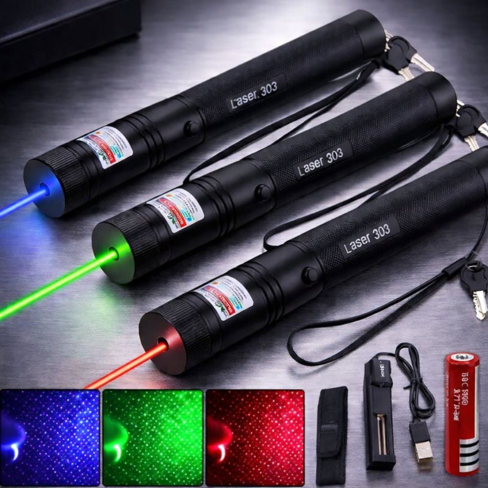 Complete laser pointer kit including the device and charging cable in packaging.