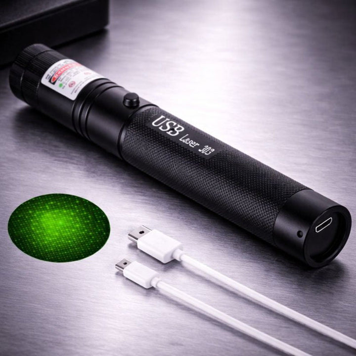 Universal rechargeable laser pointer showing adjustable focus ring for precise beam control.