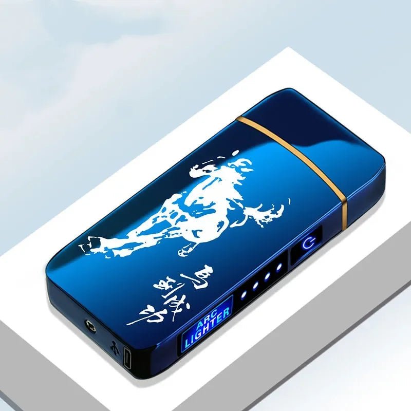 Blue rechargeable USB plasma lighter with artistic graphic design and LED status display [[lstfy-media:1]]