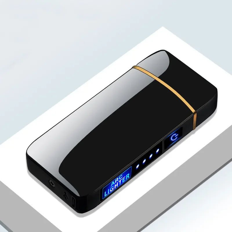 Sleek black rechargeable USB plasma lighter showing side control panel and touch sensor [[lstfy-media:2]]
