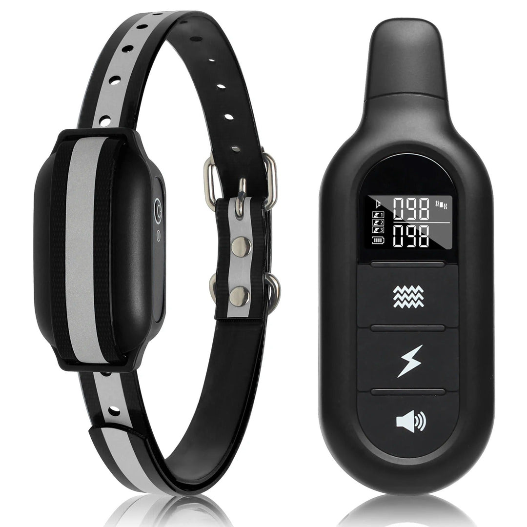 Black rechargeable waterproof dog training collar and remote control on white background