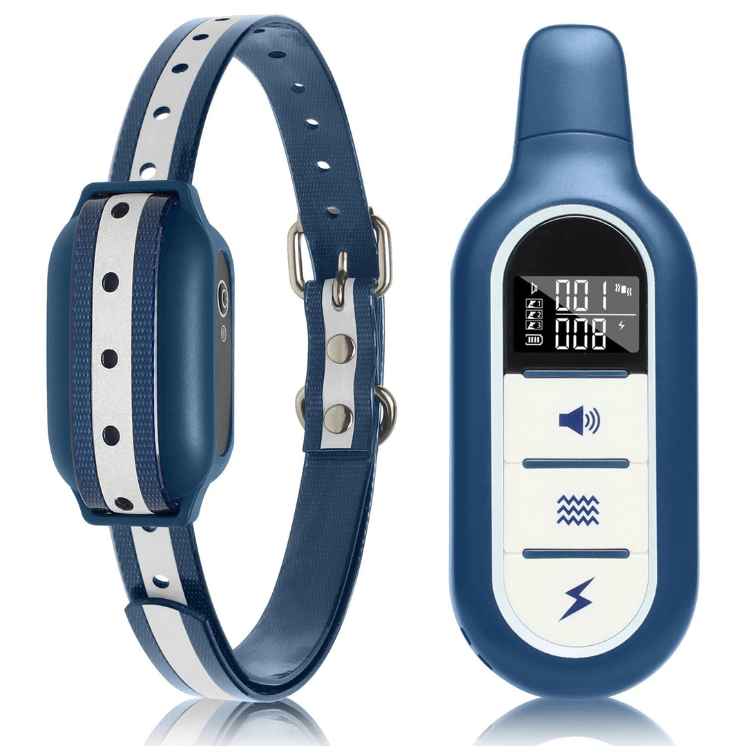 Blue rechargeable waterproof dog training collar and remote control on white background