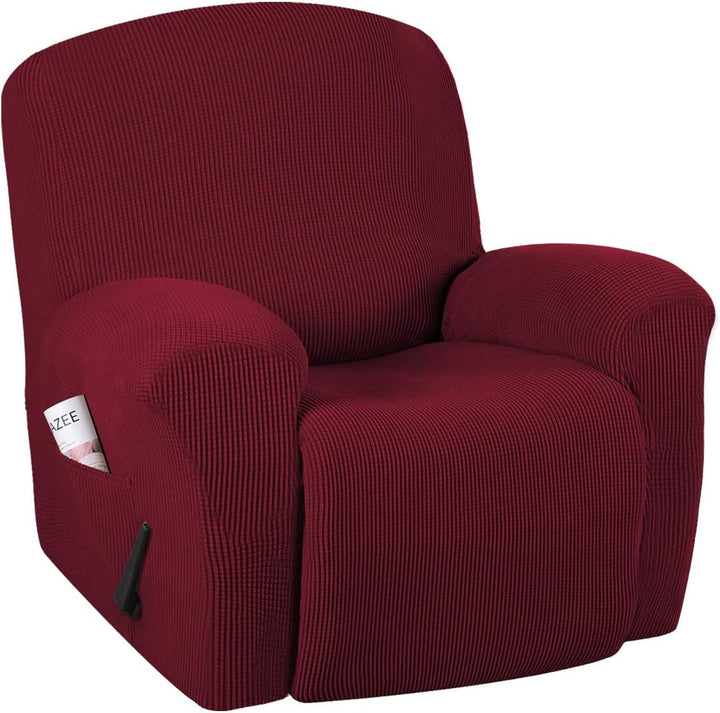 Red stretchable jacquard recliner chair cover on a lounge chair