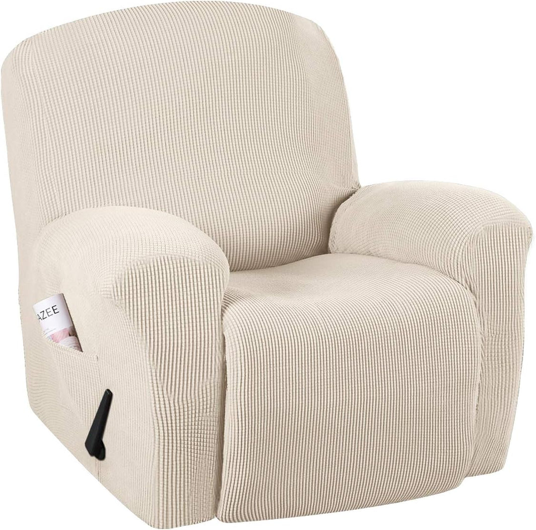 Side view of fitted stretch cover showing armrest protection for chair