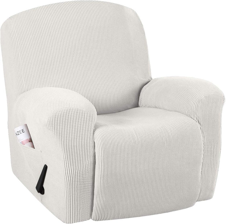 Elasticized bottom hem detail on washable furniture protector for recliners