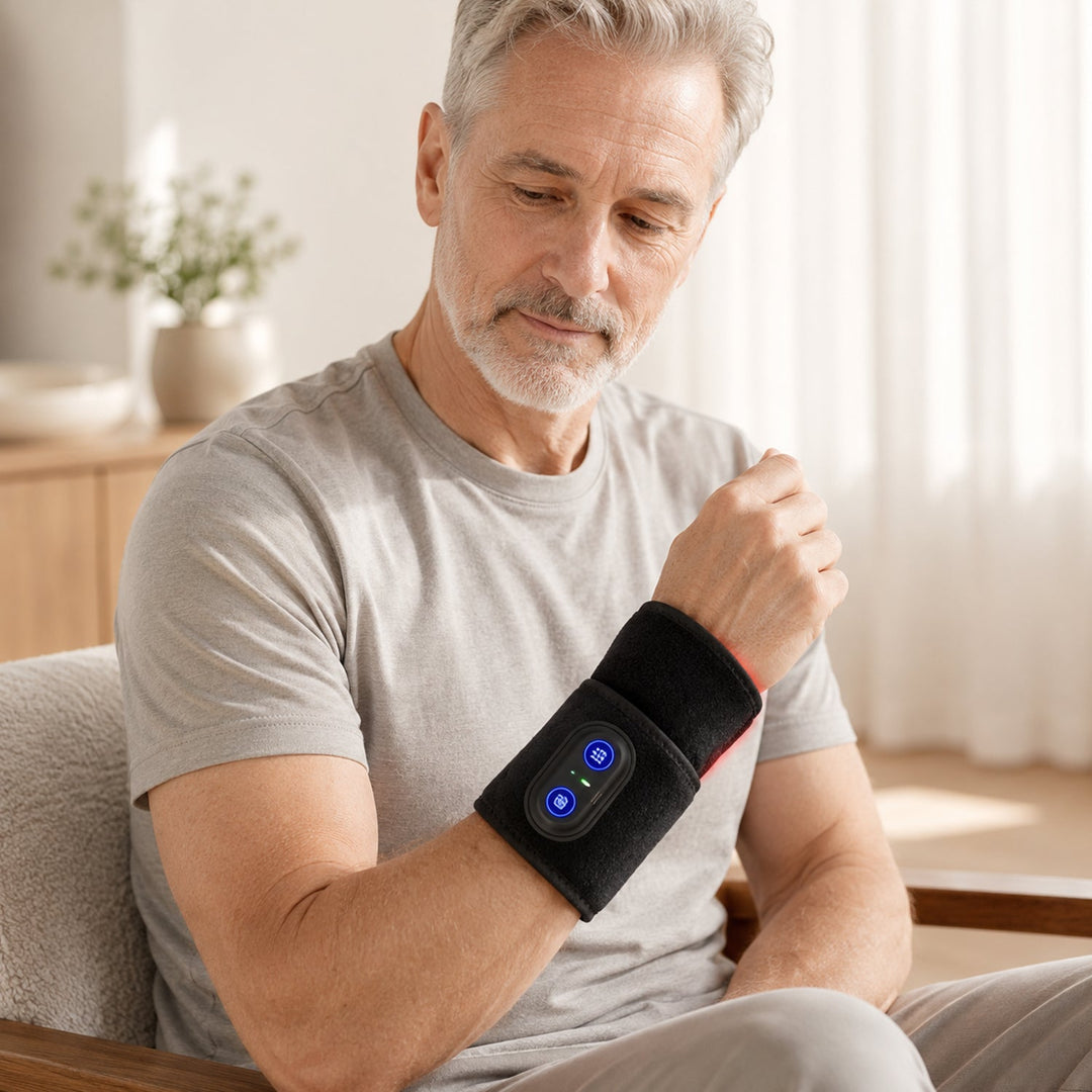 Man wearing the red light heat therapy wrist wrap on his right arm