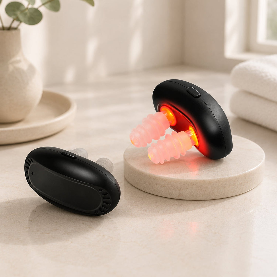 Black red light nasal therapy device resting on a surface next to a towel