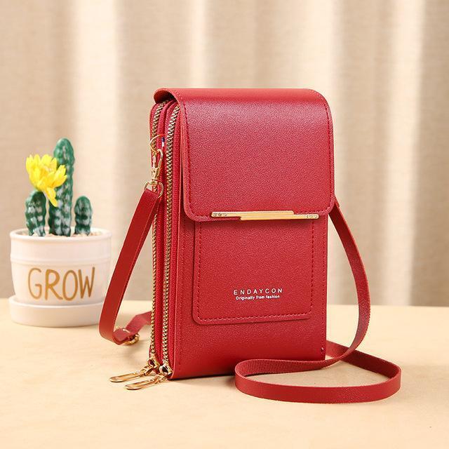 Angle shot of hands free phone wallet bag highlighting strap attachments