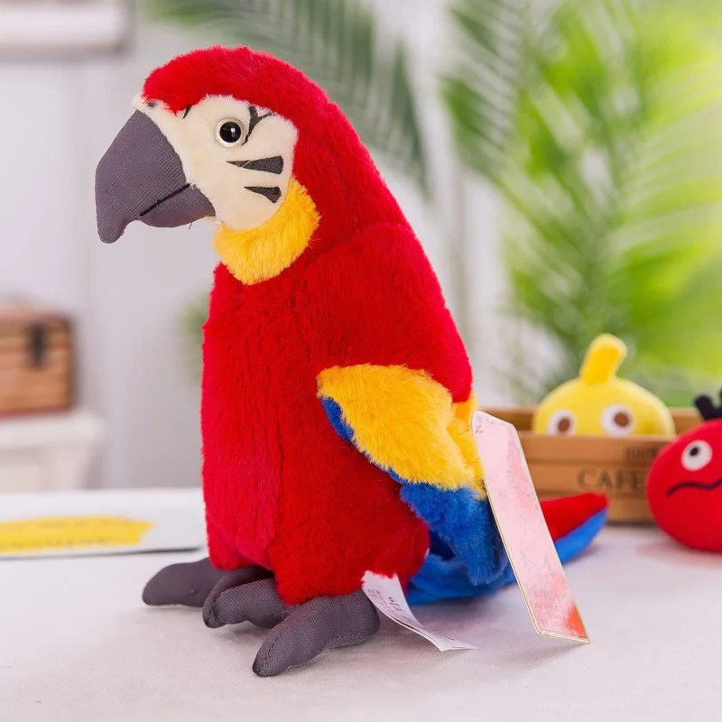 Red interactive talking parrot plush toy close up view