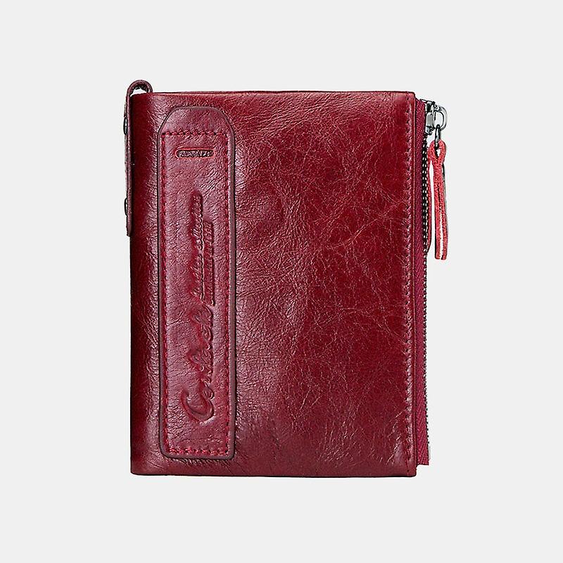 Red double zip compact wallet displayed against a clean light background