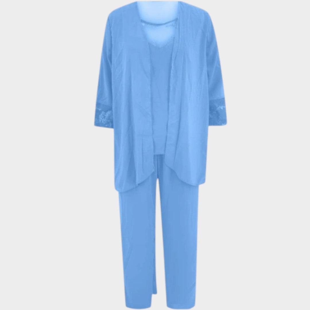 Elegant three-piece chiffon pant suit with wide leg pants for formal evening wear