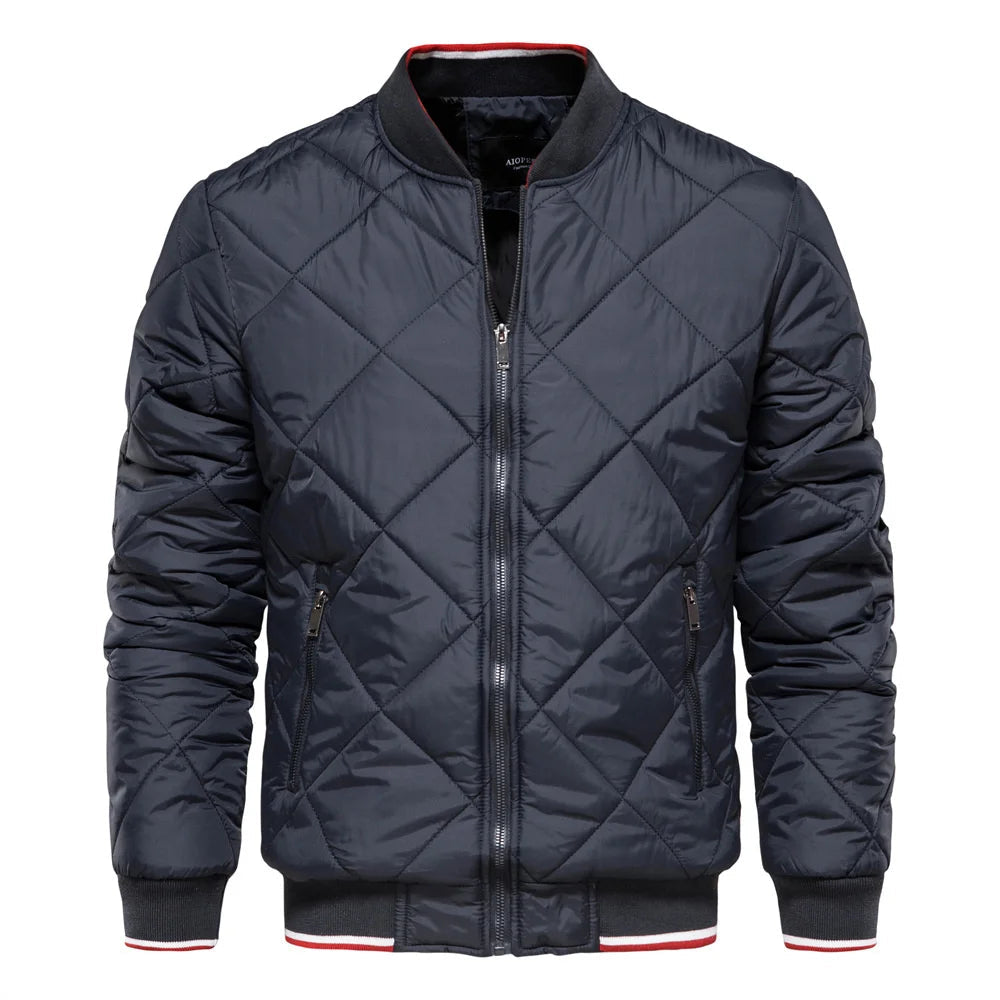 Men's navy blue diamond quilted bomber jacket with zip front