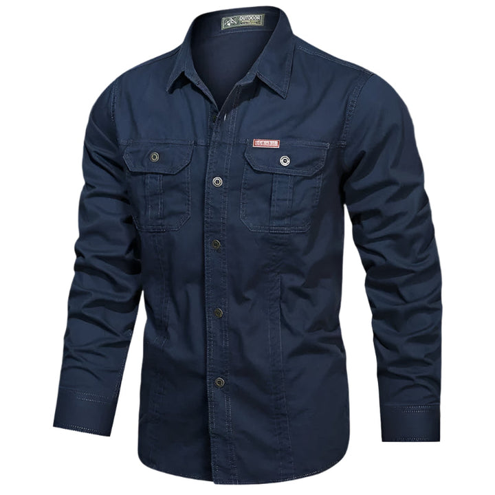 Full view of men's long sleeve button-down utility shirt styled casually